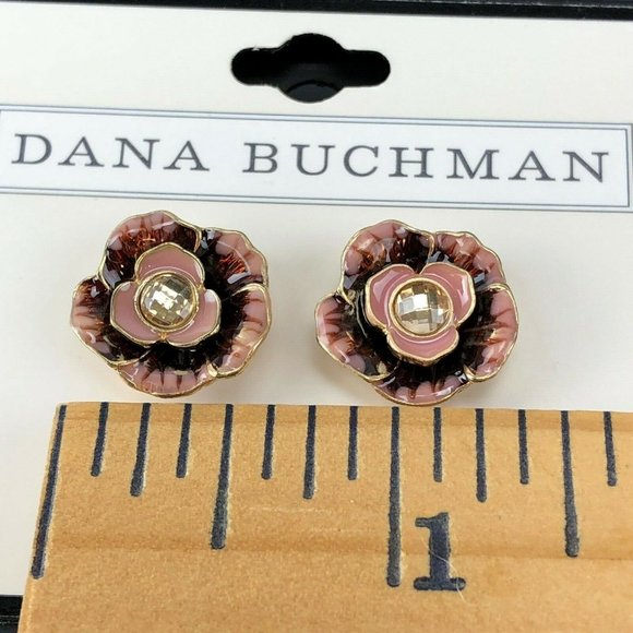 Dana Buchman Earrings Enamel Stud Rhinestone Flower Pink & Red - Picture 2 of 2
